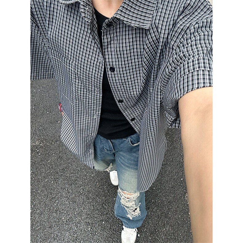 格子衬衫春夏美式短袖衬衫港风情侣装休闲衬衣CS286-P30,男装T恤,星座301C-5