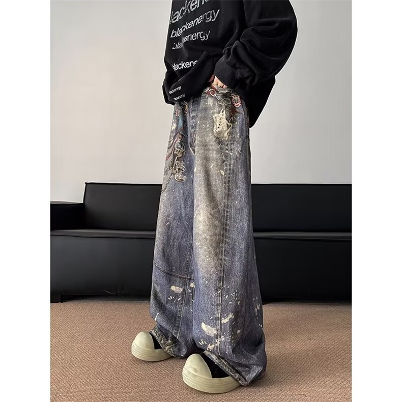 水洗做旧废土风3D打印链条牛仔裤N1105P68,男装牛仔裤,星座1116-2