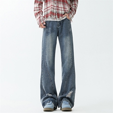 秋季新款高街破洞牛仔裤C6058-TP3568微喇设计感水洗裤子男，男装牛仔裤，电商A102
