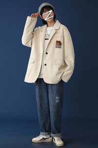 小熊胸针外套男西服秋冬刺绣麂皮绒网红炸街宽松西装mj404-p100图片