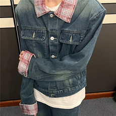 韩式格子撞色领设计牛仔夹克直筒宽松牛仔裤套装男女-TZ710-p130，男装牛仔裤，星座601-2