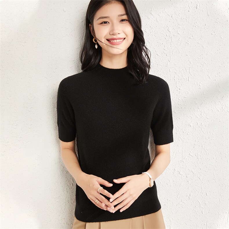 套头纯色短袖半高圆领2024年秋季羊绒针织衫,女装羊绒衫,庆大羊绒