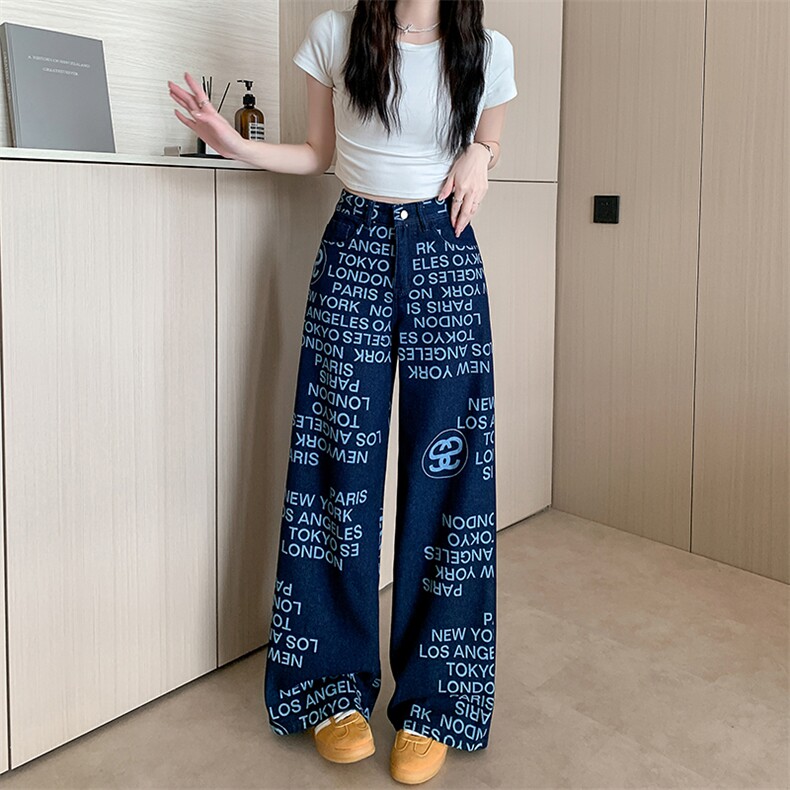 AK2334-P55美式复古字母印花牛仔裤女新款高腰显瘦宽松阔腿裤长裤,女装休闲裤,星座617A-2