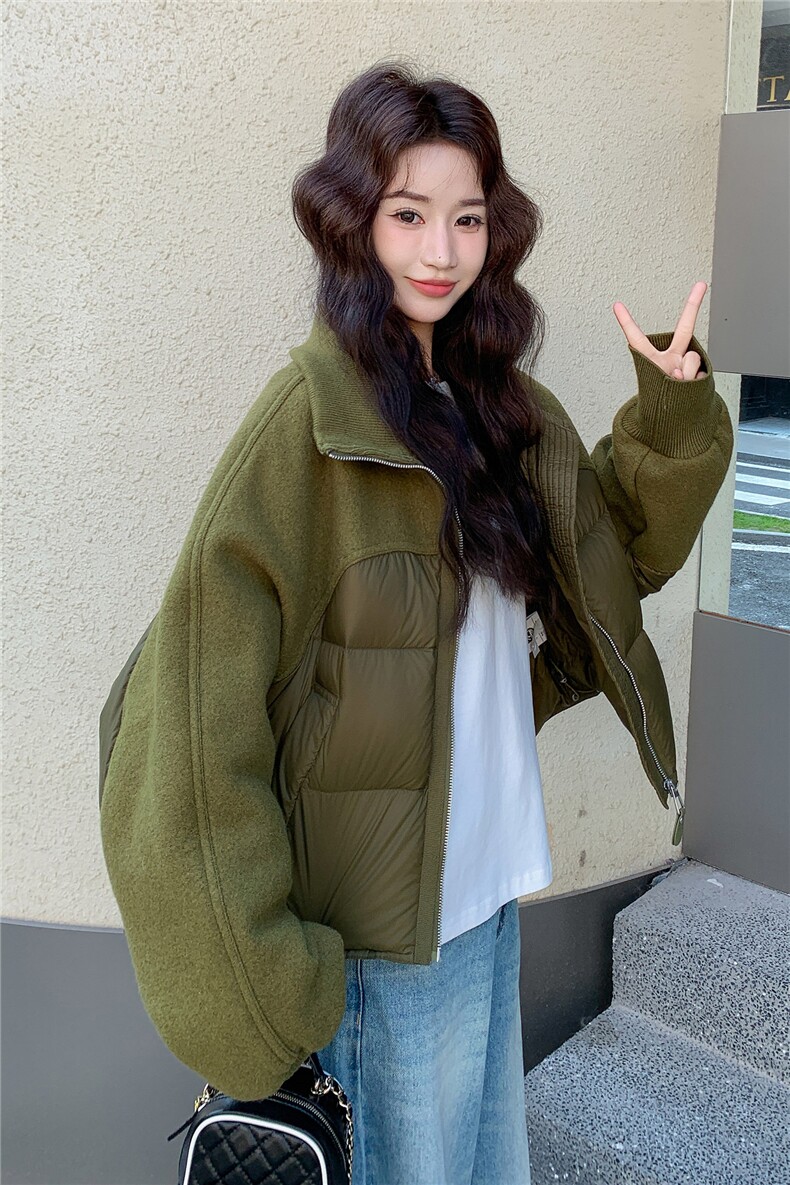 短款立领毛呢拼接羽绒服女2025冬季新款小个子白鸭绒面包服外套潮,女装羽绒服,琦鑫阁（原依鑫阁）