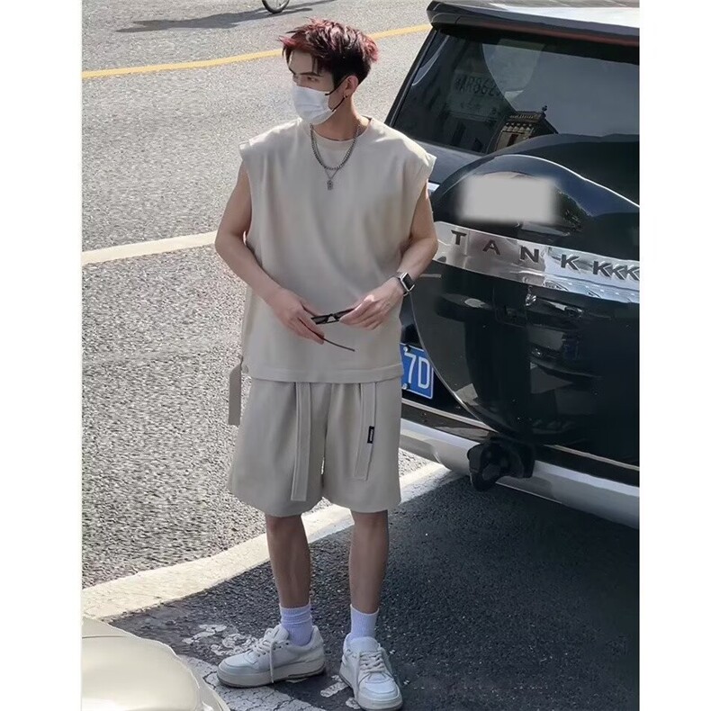 设计运动套装男款夏季无袖坎肩背心短裤少年感穿搭一整套,男装牛仔裤,星座506A