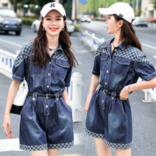 2022时尚新品牛仔格子拼接连体短裤配送腰带，女装连体裤，钱塘布衣
