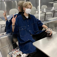 夏季潮牌牛仔衬衫男女同款宽松休闲美式复古港风短袖方领上衣C088，男装衬衫，星座601-2