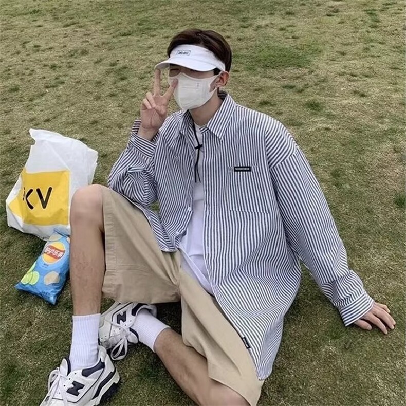 条纹衬衫男长袖春秋季潮流韩版百搭宽松休闲大码港风男生衬衣外套,男装衬衫,星座1210-1