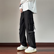 港风秋冬款男工装裤拉链大口袋织带宽松直筒长裤H0095P45，男装休闲裤，星座1013-1