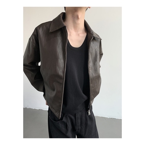 J9824-P70潮牌痞帅垫肩小众设计感Pu皮机车夹克外套图片
