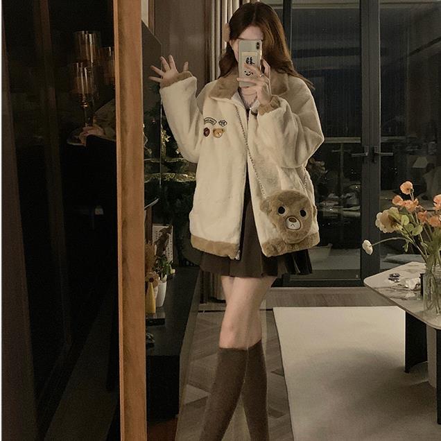 A206-P105毛绒厚外套秋冬盐系立领毛茸茸外学生可爱+包包,女装短外套,星座911