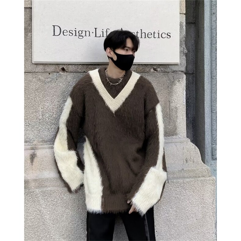 美式高街宽松针织衫2024秋冬新款高级感撞色拼接毛衣男M1670-P62，男装针织衫/毛衣，星座512-4