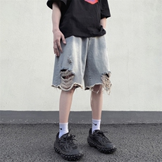 破洞男生百搭夏季撞色牛仔短裤高街D321-DK43-P50，男装牛仔裤，电商D321