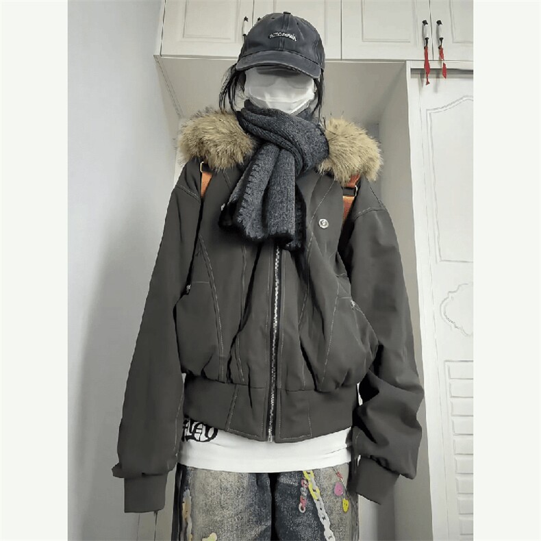 现货重磅boxy短款棉衣座山雕大毛毛领男女棉服水洗工装厚外套,男装棉衣,电商A486