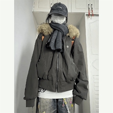 现货重磅boxy短款棉衣座山雕大毛毛领男女棉服水洗工装厚外套，男装棉衣，电商A486