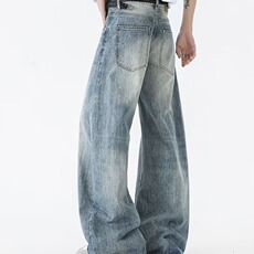 夏季美式竹节纹牛仔裤弯刀宽松直筒复古男女同款阔腿裤子，男装牛仔裤，星座516A