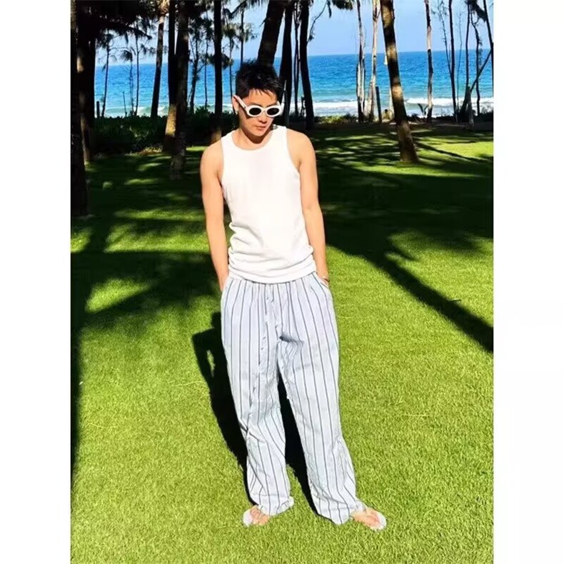 春夏新款潮流条纹宽松休闲裤男女简约阔腿裤拖直筒长裤,男装休闲裤,星座1210-1