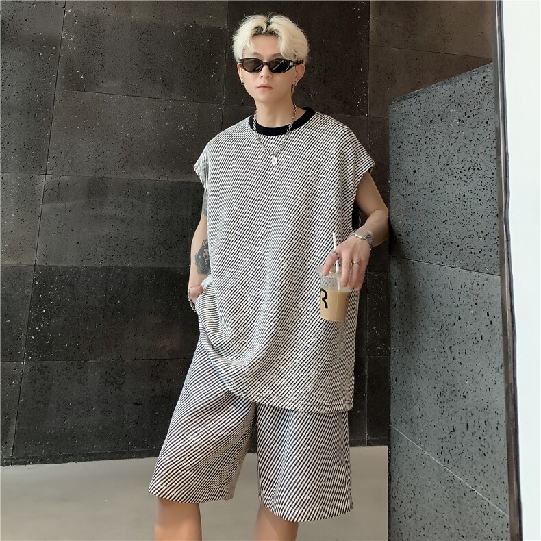 休闲条纹运动套装男夏季大码无袖T恤青少年篮球服两件套特P55,男装休闲套装,电商C307