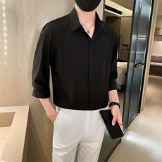 2024夏季衬衫男薄款修身冰丝短袖青年纯色春秋七分袖衬衣男Y50，男装衬衫，星座1116A-2（原606A-1）