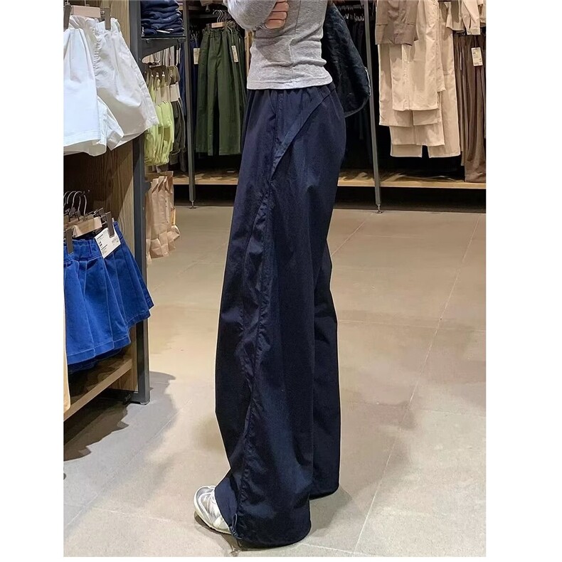 藏蓝色美式运动工装长裤女夏季新款百搭宽松慵懒休闲直筒阔腿裤子,女装休闲裤,星座1210-1