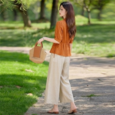 棉麻休闲风短袖上衣阔腿裤两件套2026新款夏收腰减龄逛街舒适套装，女装套装/套裙，姿萝菲