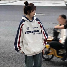 抖音得物秋装美式重磅全棉拼接撞色连帽卫印花衣外套A3206，女装短外套，电商A443