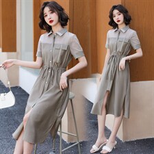 现货2021夏季新款修身显瘦中长款衬衫连衣裙，女装连衣裙，笃写