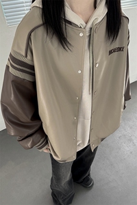 主推 美式复古拼接罗纹pu棒球服情侣皮衣夹克外套男女 G1094 P108图片