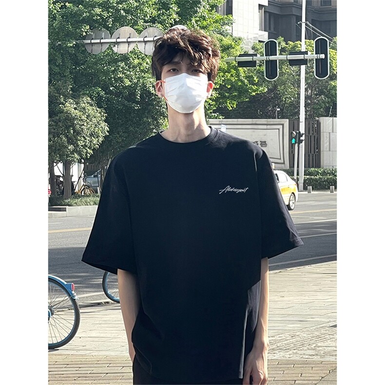 抖音得物供货210克现货宽松纯棉美式潮牌印花落肩袖纯棉T恤AT2166图片