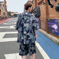 2025美式扎染印花冰丝凉感短袖衬衫薄套装TZ2345/特P45灰绿5，男装休闲套装，电商A094