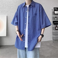 蓝色格子衬衫男短袖2026夏季日系复古街头青少年宽松休闲半袖，男装衬衫，星座218-1（原230）