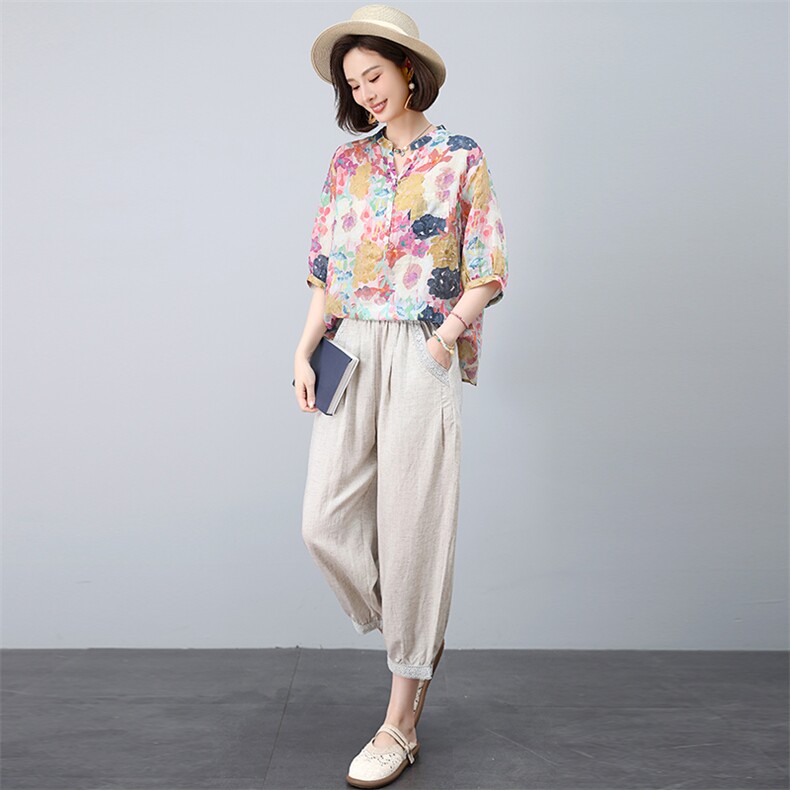 套装女2025夏季新款苎麻上衣亚麻裤妈妈装两件套，女装套装/套裙，忆绮罗