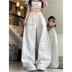 美式复古明线白色弯刀牛仔裤男女2025款宽松阔腿长裤子W2501 P38图片