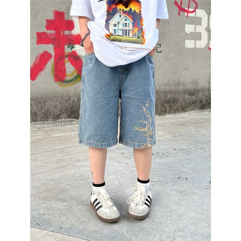 美式复古刺绣牛仔短裤男夏季宽松潮中式潮牌五分裤N306-P35图片