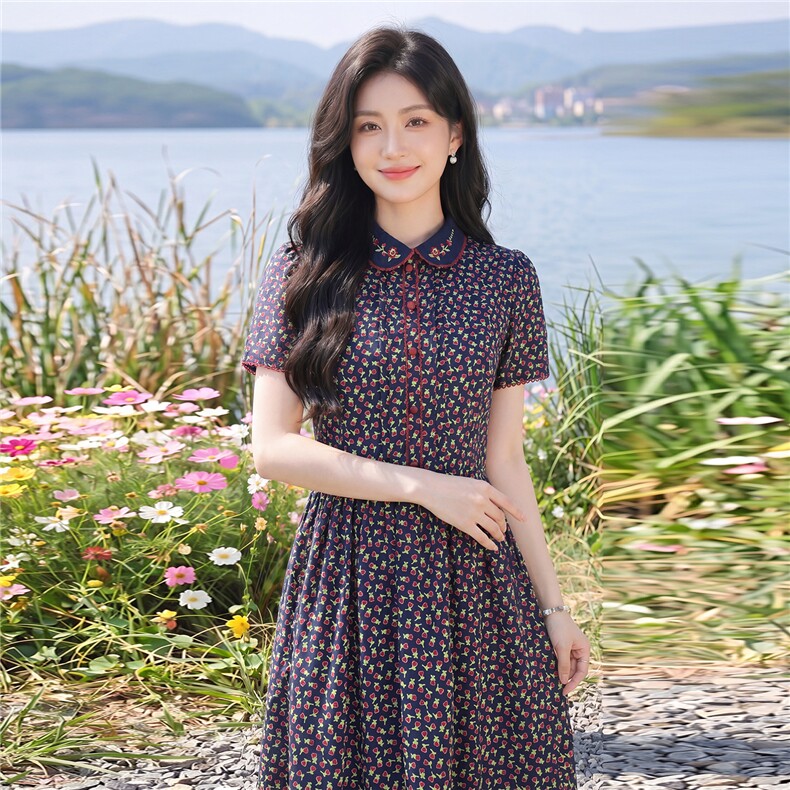 田园风碎花刺绣连衣裙女春夏收腰显瘦中长裙,女装连衣裙,水衣源