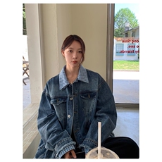秋冬季新款蓝白格子撞色翻领假两件刺绣宽松休闲夹克女外套，男装夹克，星座506A