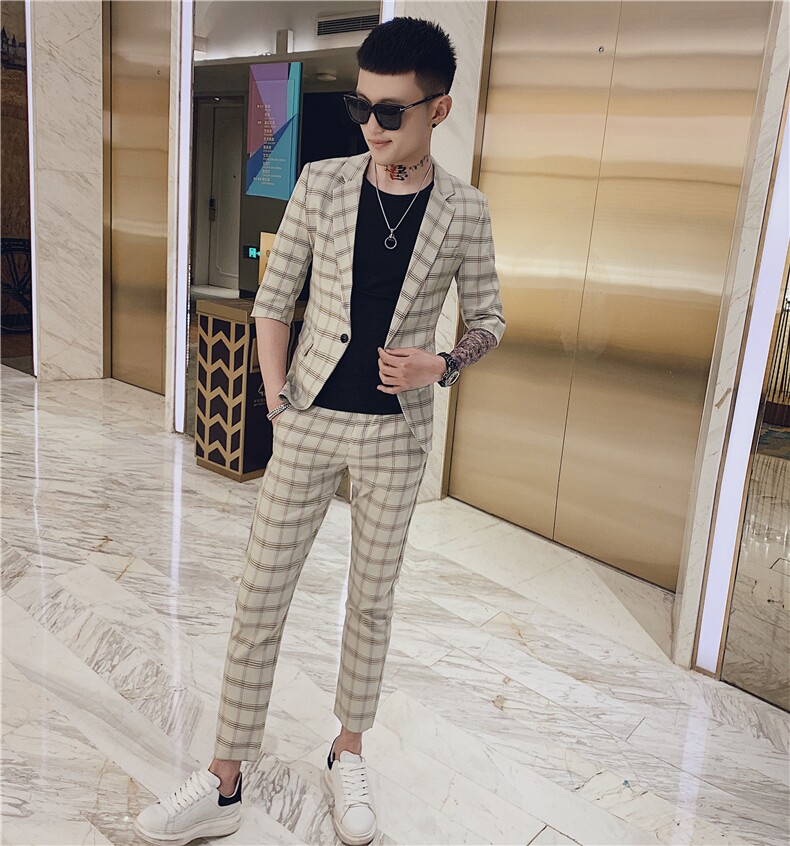 夏季新款格子西装套装社会小伙西裤小西服俩件套A328-1921-P135,男装西服套装,星座406