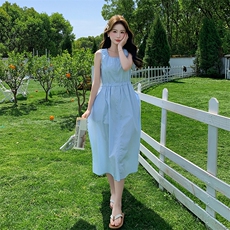 蓝色气质甜美小清新方领连衣裙女2025夏季新款盐系轻熟风显瘦长裙，女装连衣裙，浙宝220