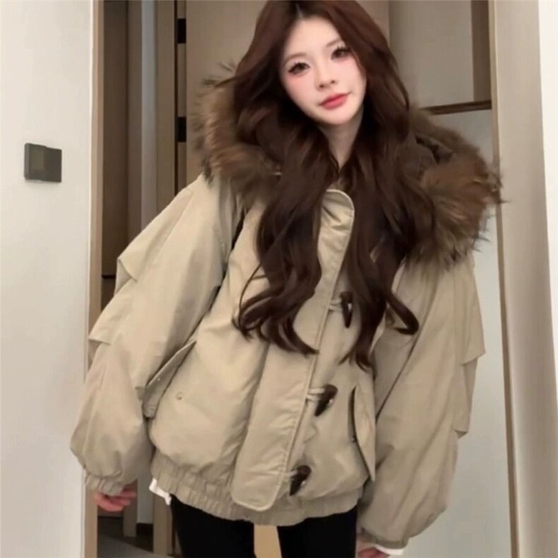 【升级款】牛角扣大毛领连帽棉服外套韩系工装派克服Y917P108网图,男装棉衣,电商B245
