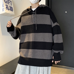 秋装美式条纹连帽毛衣男潮牌宽松慵懒风高街针织衫外套 W5881-P48图片