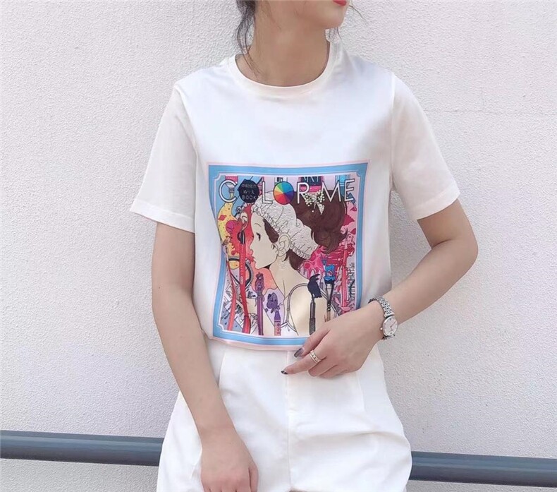 夏季新款高弹牛奶丝印花漫画T，女装，格瑞琪