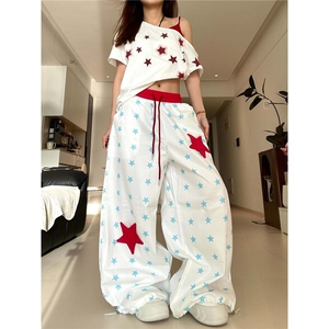 【现货】D5322-特批39美式复古星星印花休闲裤女宽松显瘦百搭裤图片