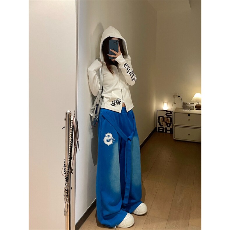 美式复古慵懒松弛宽松竖条纹百搭直筒裤男女休闲宽松阔腿拖地裤,男装休闲裤,星座506A