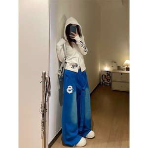 美式复古慵懒松弛宽松竖条纹百搭直筒裤男女休闲宽松阔腿拖地裤图片