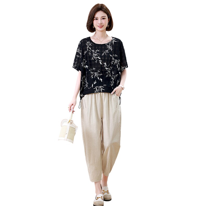 优雅印花宽松两件套女夏装新款时尚休闲裤套装,女装套装/套裙,叶笙衣