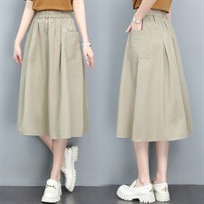 纯棉半身裙女2025年夏季新款松紧高腰a字裙妈妈中长款薄款大摆裙，女装半身裙，玛其路