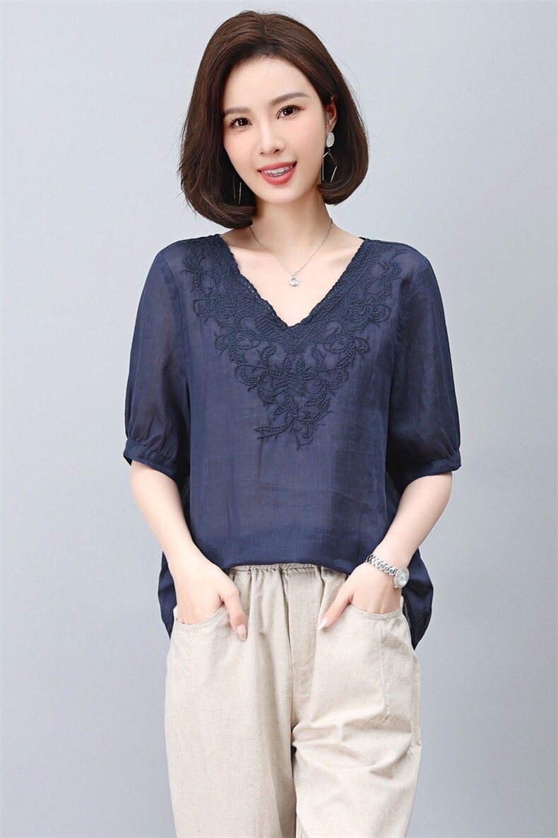 苎麻衬衫女短袖2023新款夏季v领刺绣衬衣小个子妈妈小衫显瘦上衣,女装T恤,涵誉