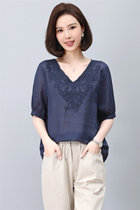 苎麻衬衫女短袖2023新款夏季v领刺绣衬衣小个子妈妈小衫显瘦上衣图片