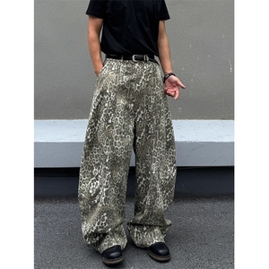 WE1641-P55 高街vibe豹纹弯刀牛仔裤男vintage宽松阔腿休闲长裤图片
