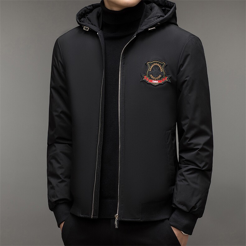 新款男士连帽纯色羽绒服中年商务休闲上衣冬季厚款保暖白鸭绒外套,男装羽绒服,电商B212（原钱塘6029）